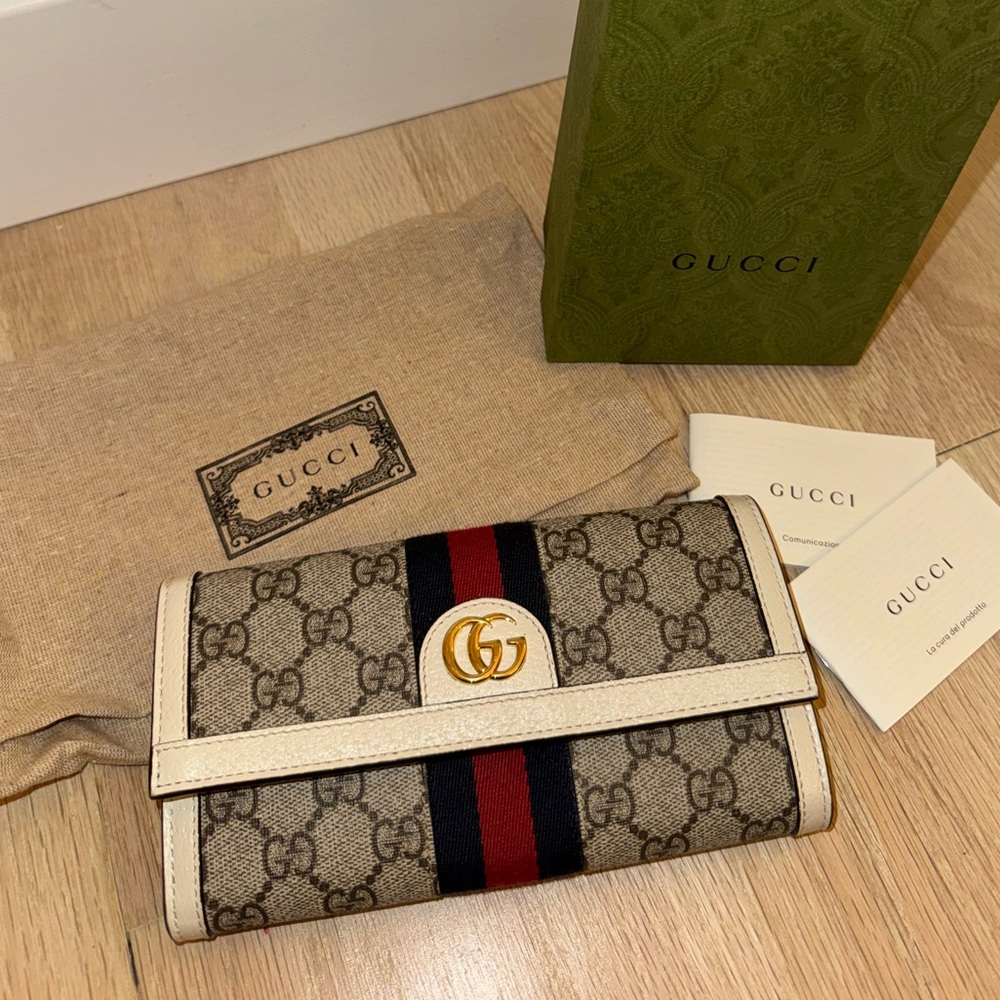Gucci Ophidia GG Continental Wallet cream, red, and blue